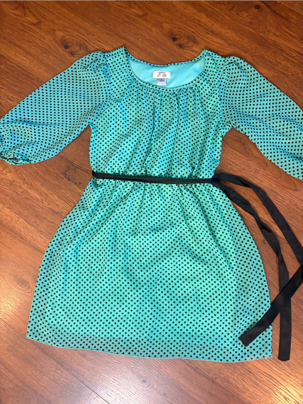Sweet Storm Teal Polka Dot Dress with Black Sash